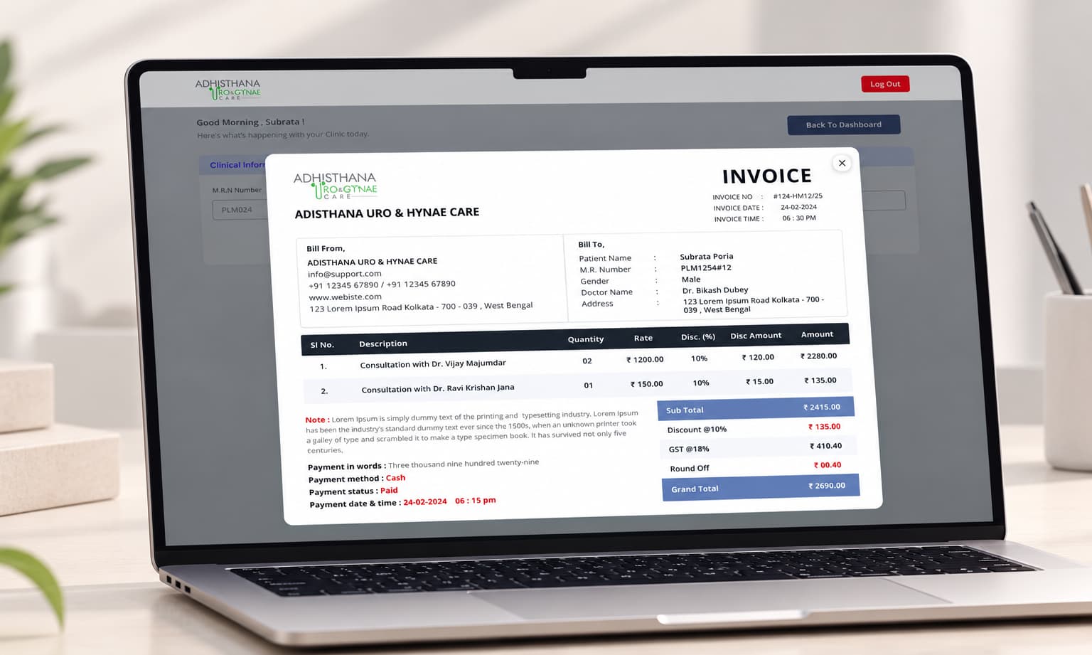 Adhisthana Clinical Invoicing and Billing System Modal Showcase